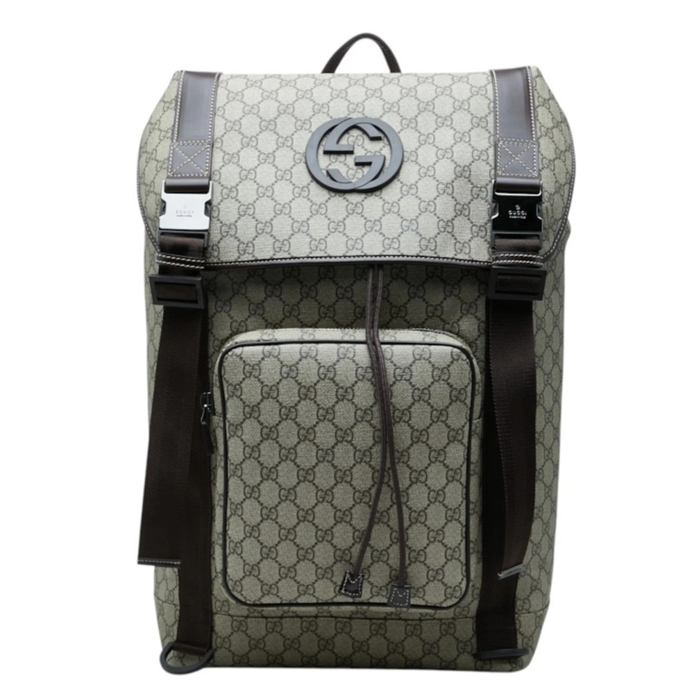 Gucci GG Supreme Interlocking G Backpack Daypack 246821 Beige Brown Leather W...